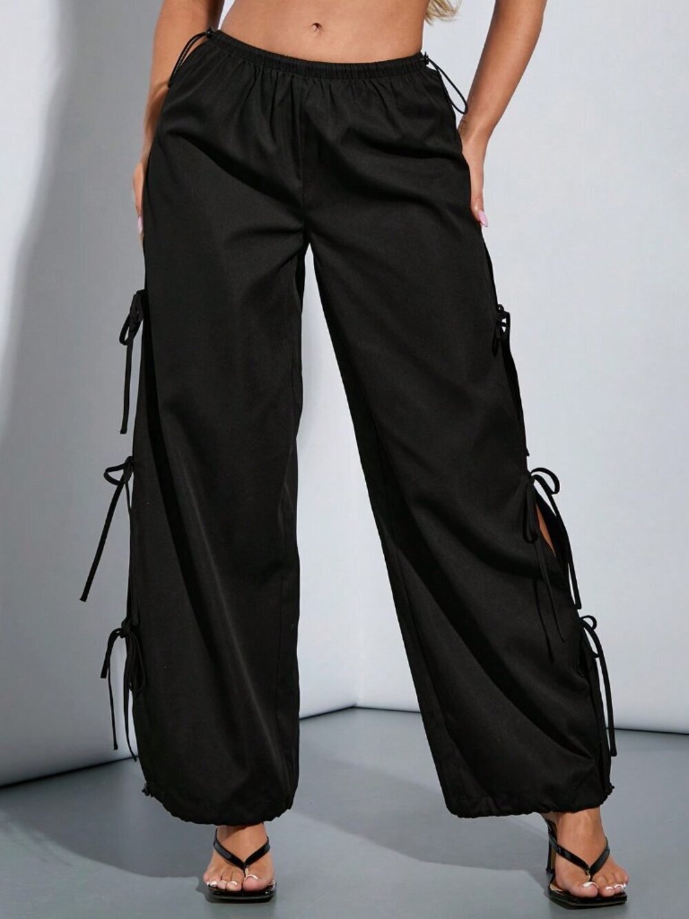 Black Casual Women's Jogger Pants with Side Slit and Adjustable Drawstring - Picture 4 of 6